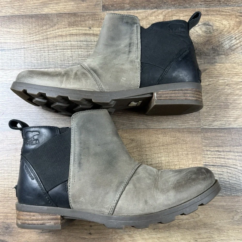 Sorel Emelie Chelsea‎ Boots Leather Booties Waterproof Quarry Black Size 9